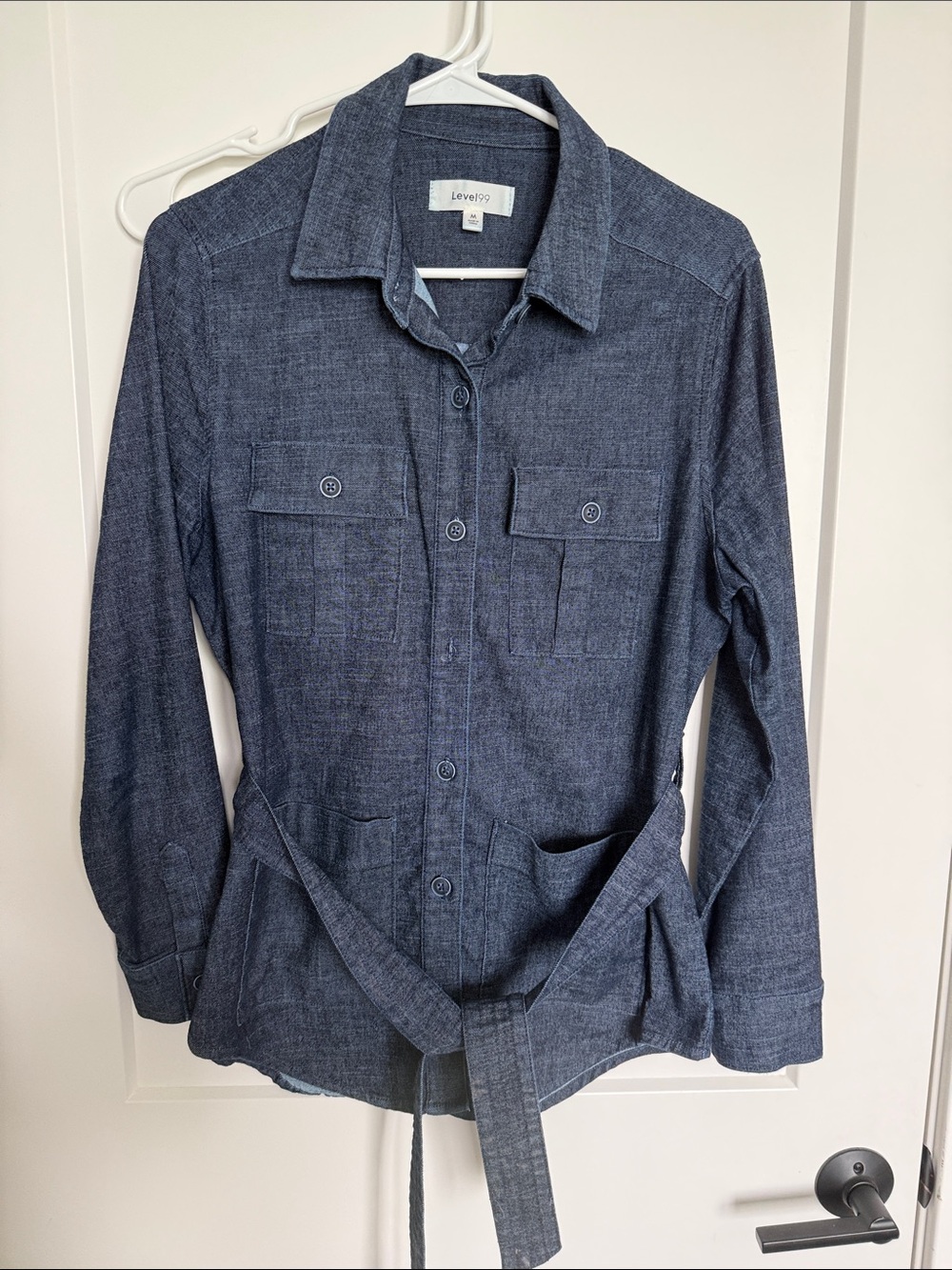 Evereve Level 99 Dark Blue Button-Front Utility Shirt Jacket with Self-Tie Waist